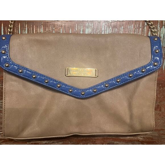 Kate Landry Tan Shoulder Bag Purse With Blue And Gold Accents Cheetah Lining - Picture 5 of 10